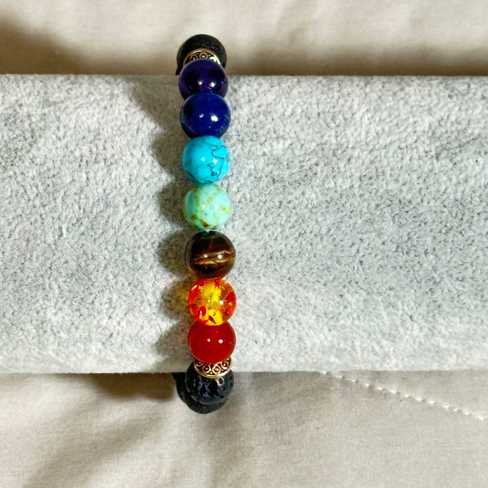 Multicolor 7 stone chakra stretchy bracelet w/black lava stones - Picture 3 of 16